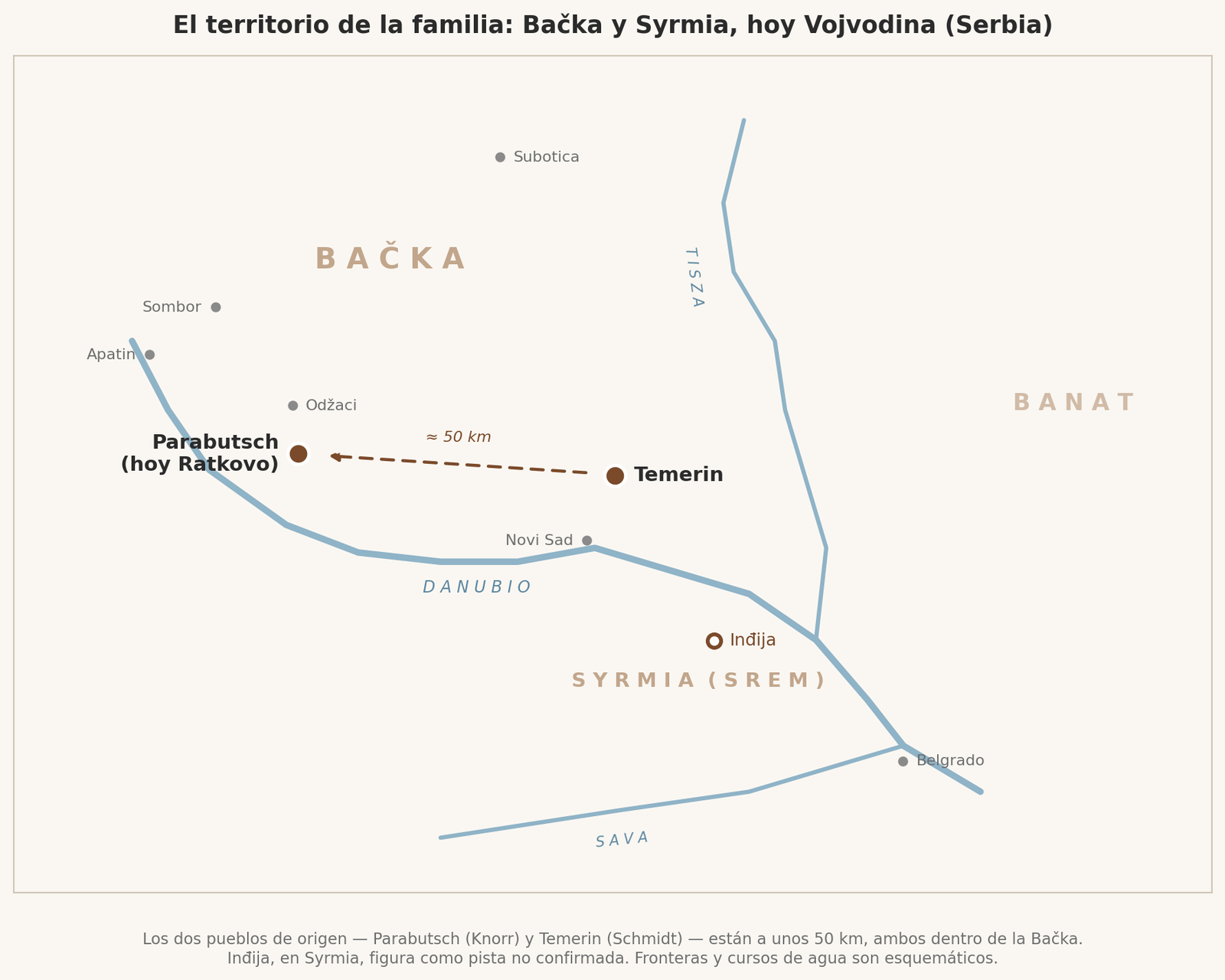 Mapa de la Bačka con los pueblos alemanes